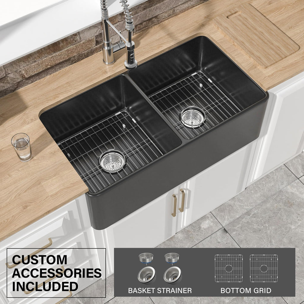 33" x 18" Black Farmhouse Sink Double Bowl 50/50