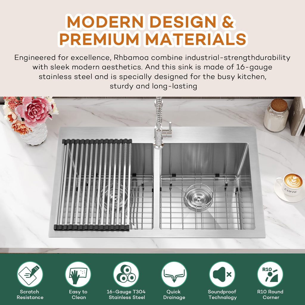 33''x22'' Drop In, 16-Gauge 50/50 Stainless Steel Double Sink 33 Inch, 9 Inch Depth Drop In Double Sinks with All