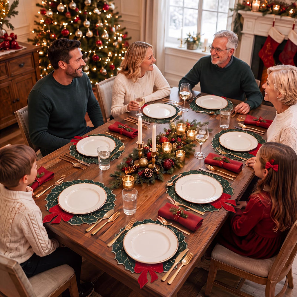 6 Pcs Christmas Placemats Linen Holly Leaf Table Mats with Red Bow