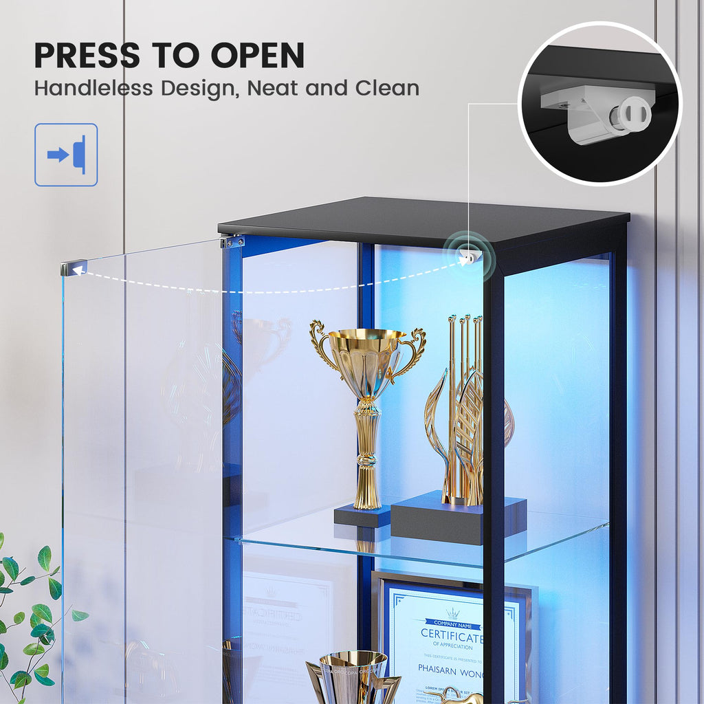 Glass Display Cabinet with Doors and LED Light, 2PC Black