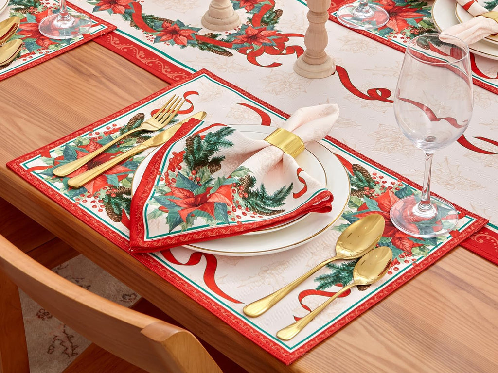 Poinsettia Ribbon Engineered Printed Fabric Christmas Tabletop for Xmas Winter Holiday, Christmas Time - 13 x 19
