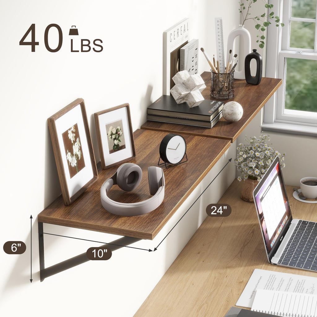 Deep Walnut Floating Shelves for Wall, 24"W x 10"D Wall Shelves Set of 2, 10 Inch Deep Floating Shelf with Brackets