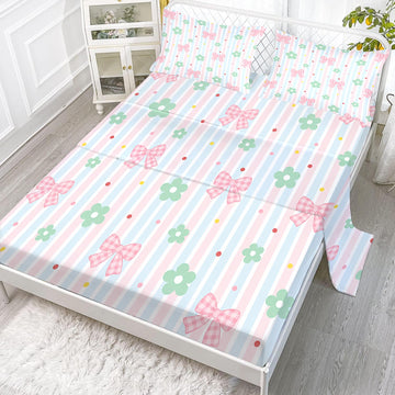 Pink Striped Gingham Bow Floral Fitted Sheet Set