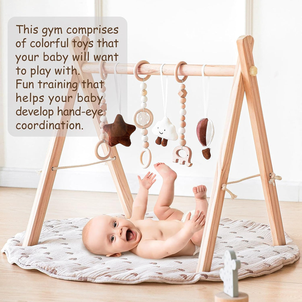 Wooden Baby Play Gym with Mat, Foldable Frame Activity Gym with 6 Gym Toys
