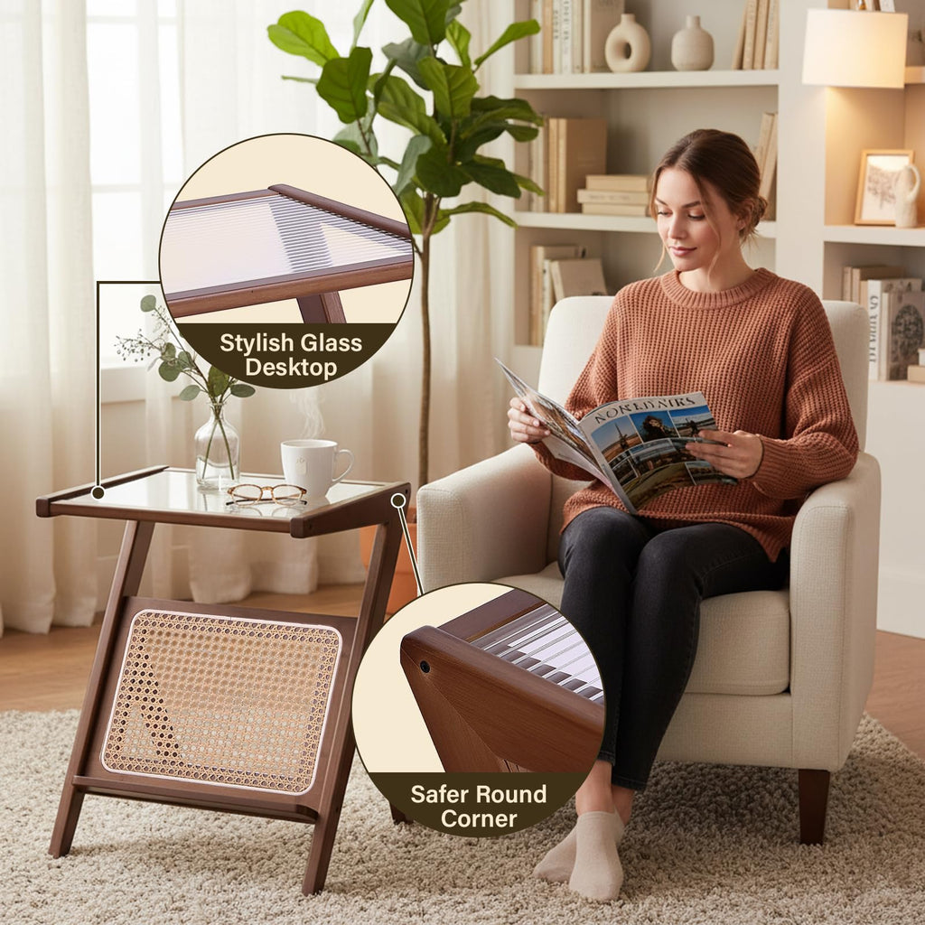 Large Brown Rattan Nightstand, Bamboo Side Table with Glass Top