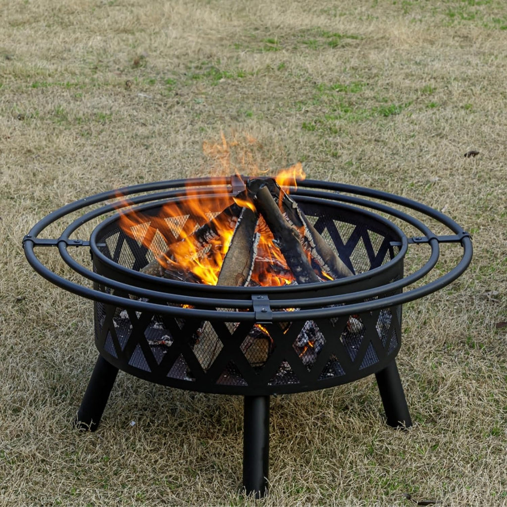 36 Inch Wood Burning Fire Pit with 2 Loops, Outdoor Fire Pit with Spark Screen & Fire Poker