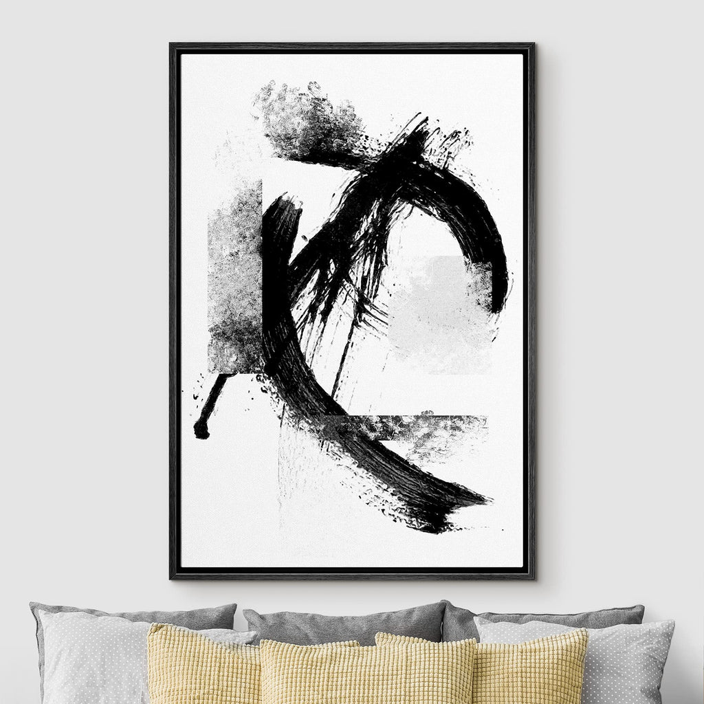 Framed Canvas Print Wall Art Black & Gray Paint Stroke Figure Abstract Shapes Drawings Modern Art Industrial Black
