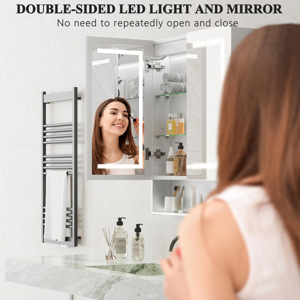 Lighted Medicine Cabinet with Double-Sided LED Mirror, Aluminum Bathroom Mirror Cabinet with Storage, Dimmable 3