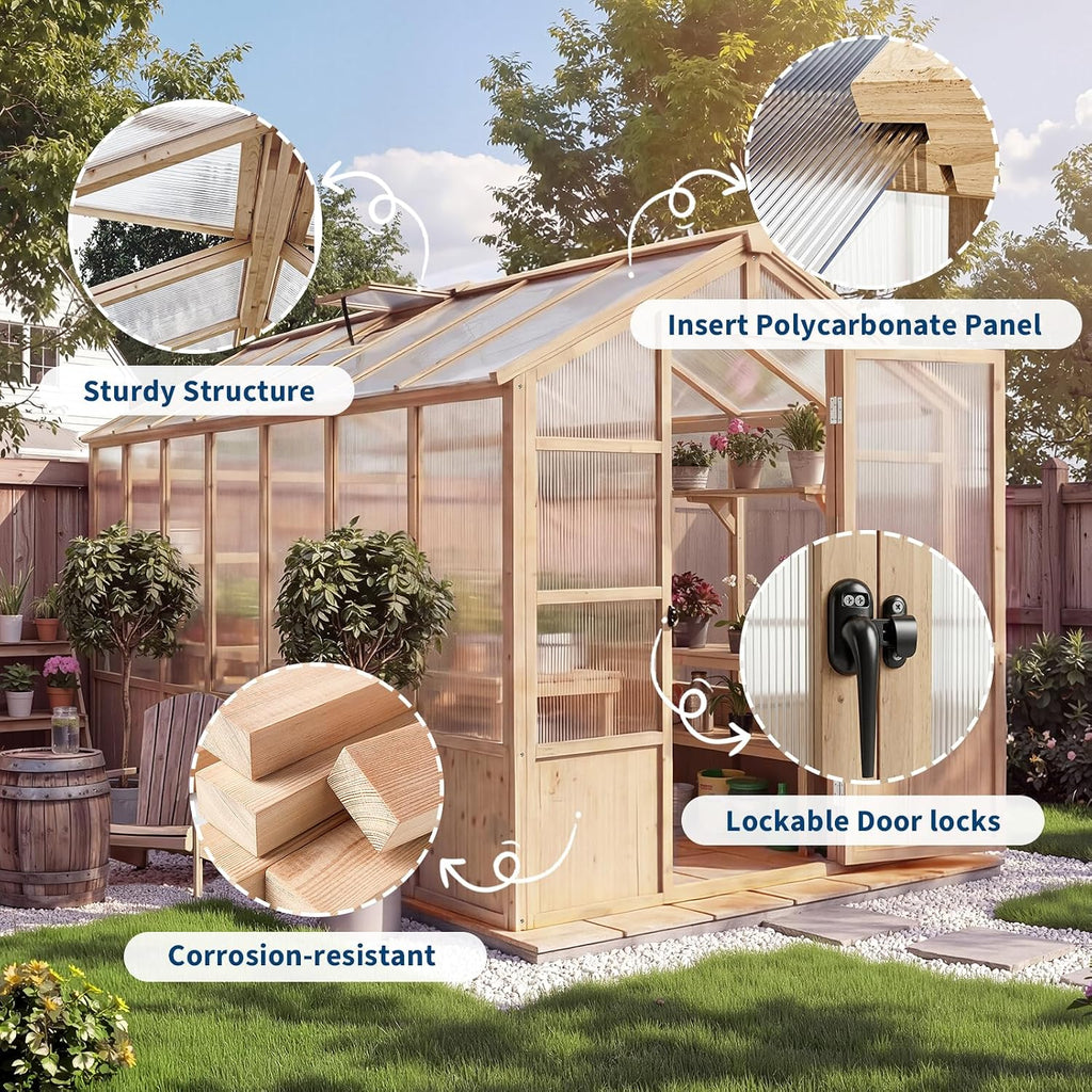 Heavy Duty Walk-in Wooden Greenhouse Kit, 4mm Polycarbonate Panels Green House with Adjustable Vents and Lockable