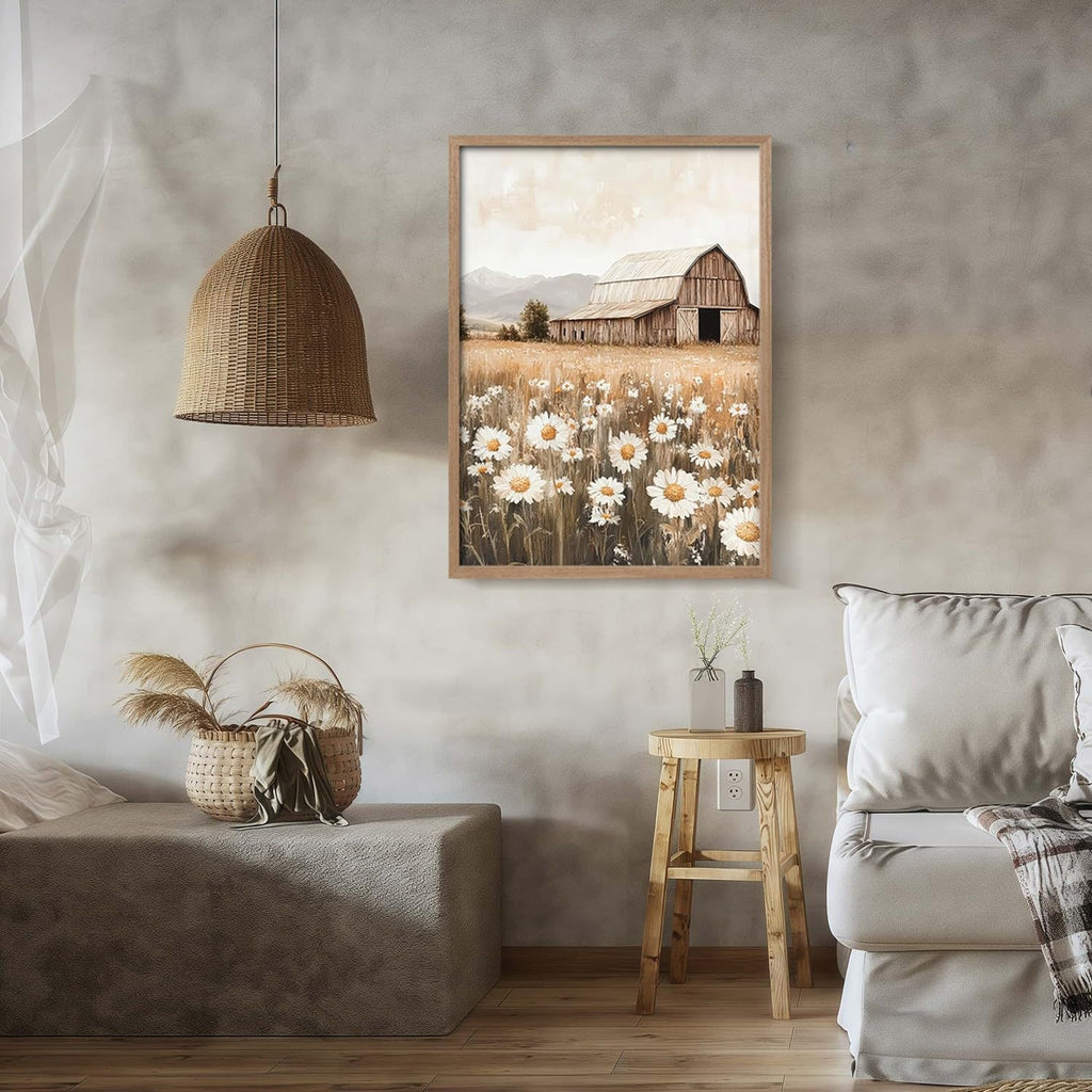 Framed Rustic Barn Daisy Canvas Wall Art Country Landscape Decor 24X16 Inch