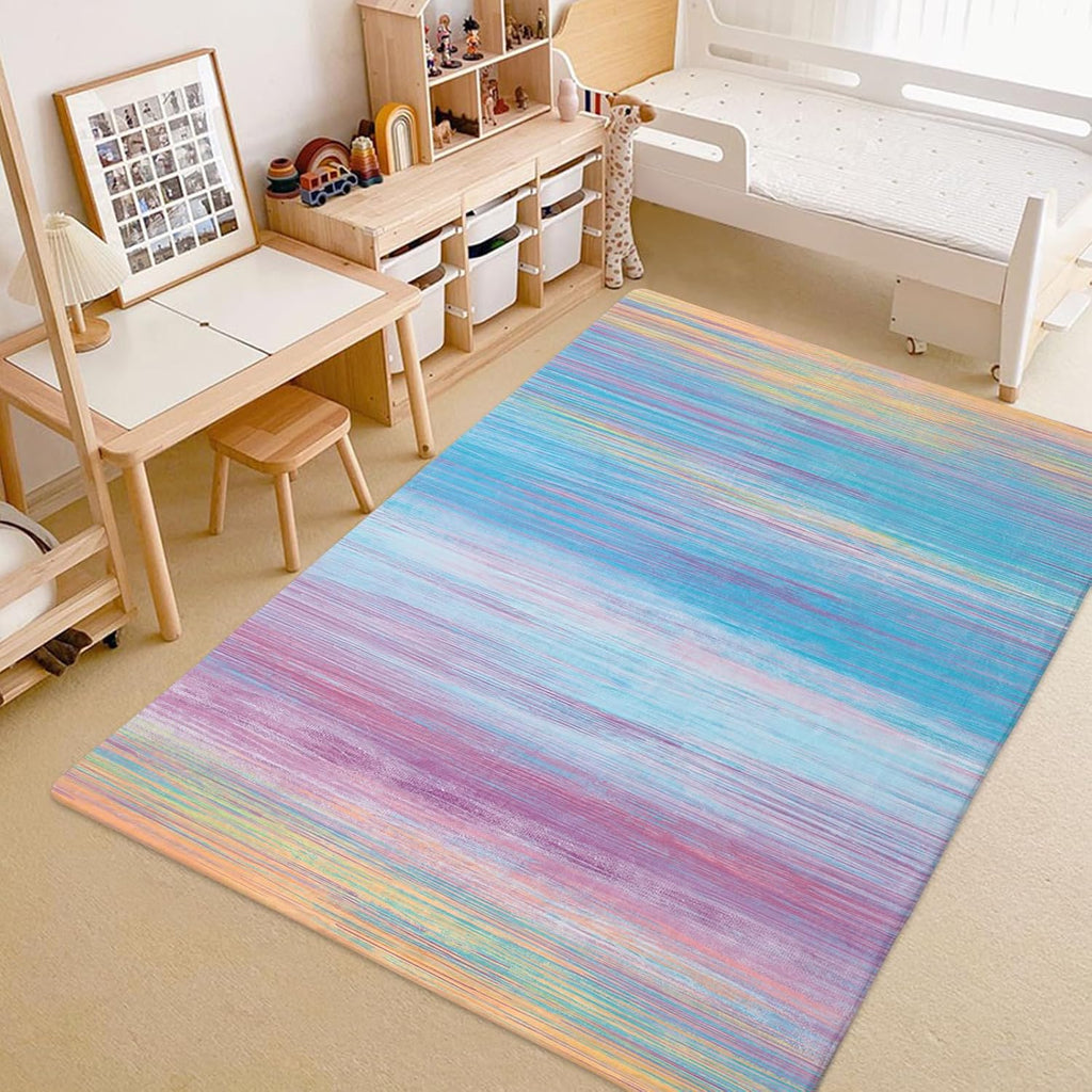 Colorful Rainbow Area Rug 5'x7'(55"x78") Soft Kids Rug Blue Striped Floor Mat Plush Fluffy Washable Carpet Playroom