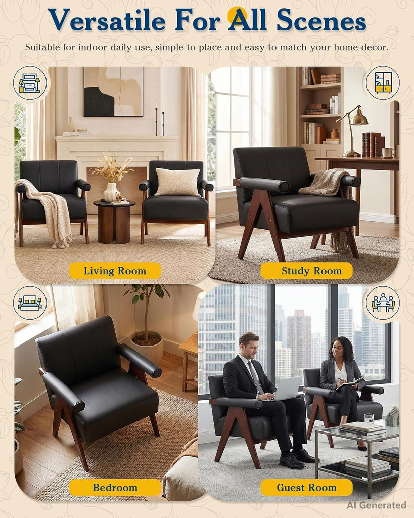 Mid Century Modern Black Faux Leather Accent Chair Set 2 Solid Wood Frame - Set of 2
