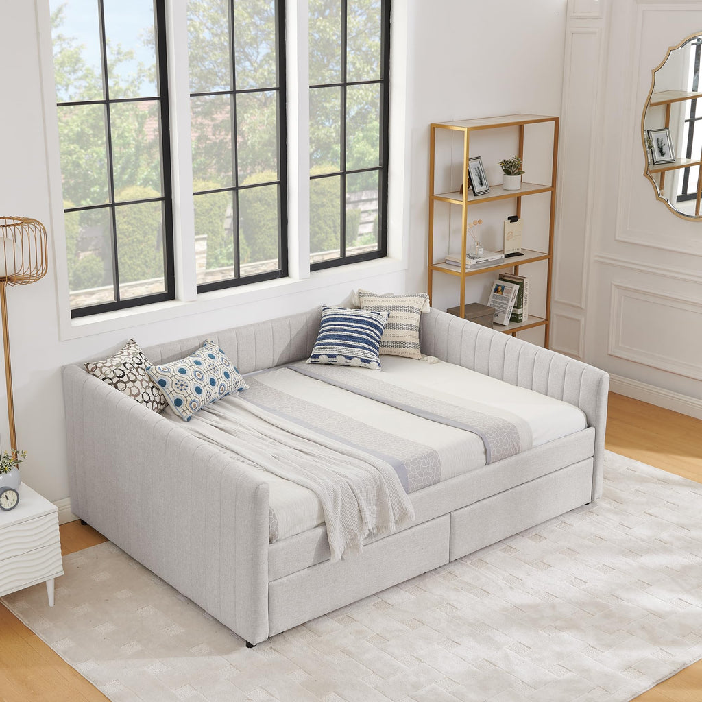 Queen Size Linen Upholstery Daybed with 2 Drawers, Modern Style Tufted Corner Sofa Bed Frame with Solid Wooden Slats