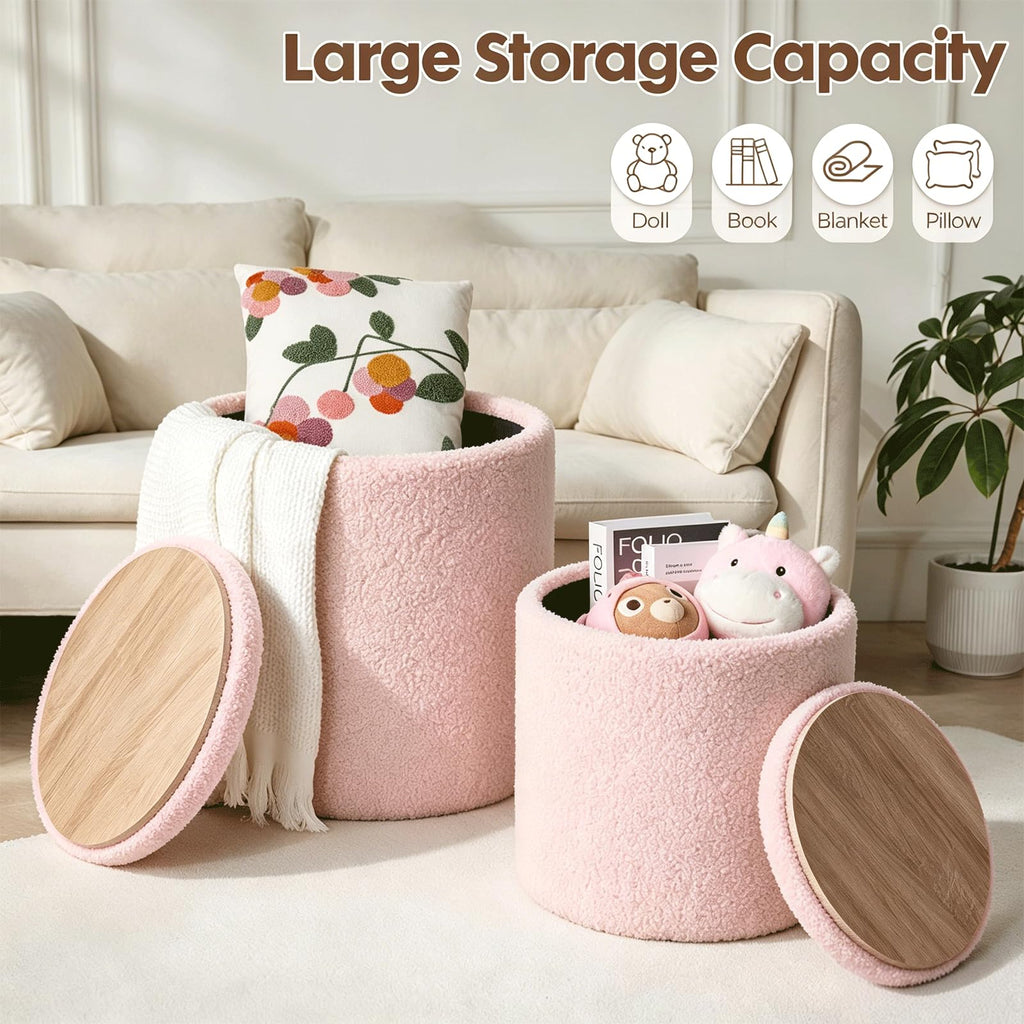 Sherpa Round Ottoman with Storage Set of 2 Pink