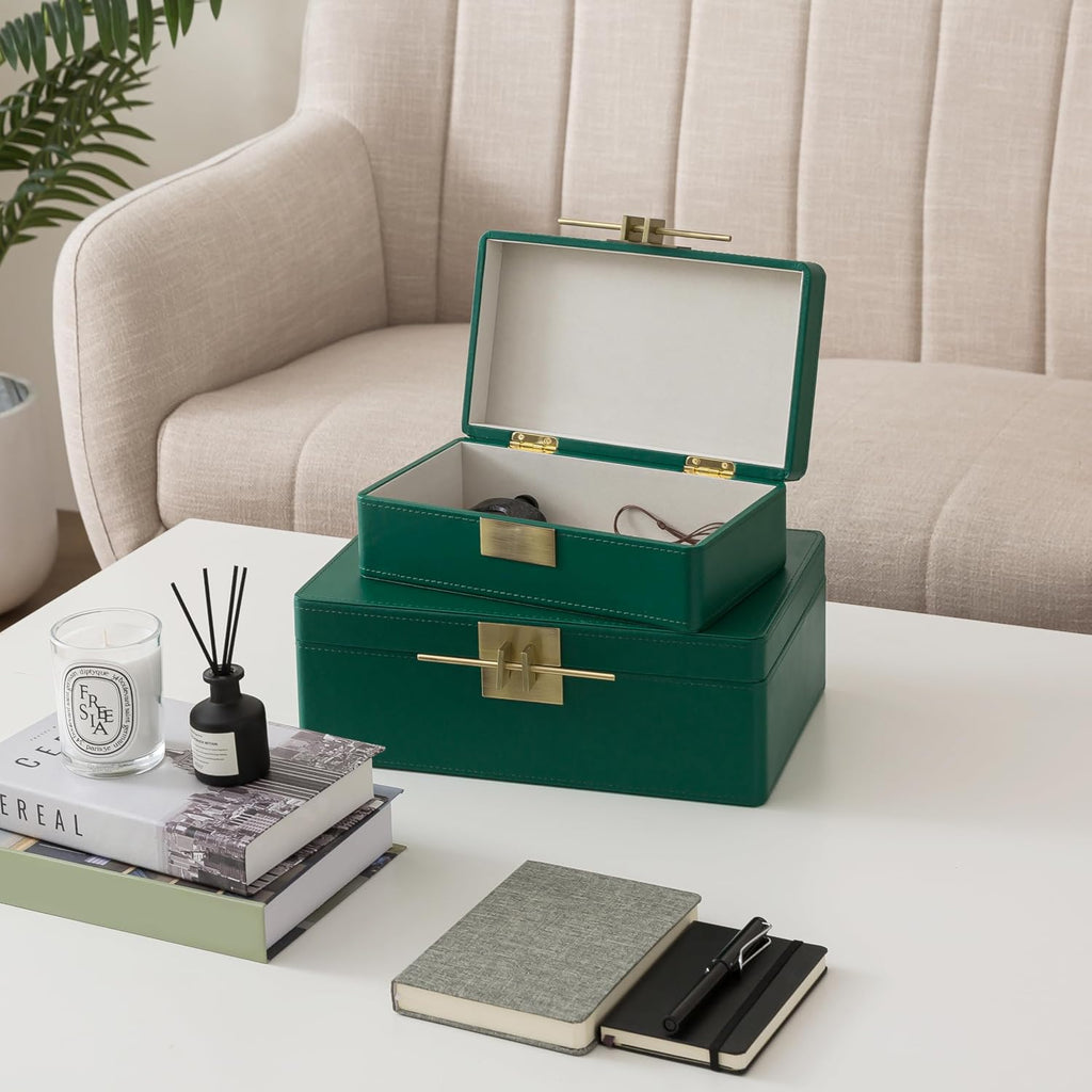 Faux Leather Boxes with Lids, Emerald Green - Set of 2