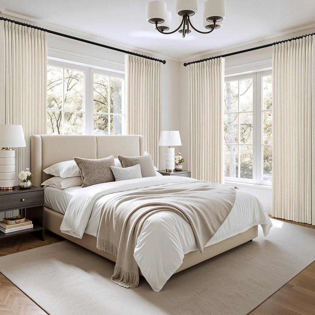 Pinch Pleated Thick Linen Curtains 90 Inches 4 Panels Set Ivory Cream Back Tab Memory Trained Pinch Pleat Semi Sheer