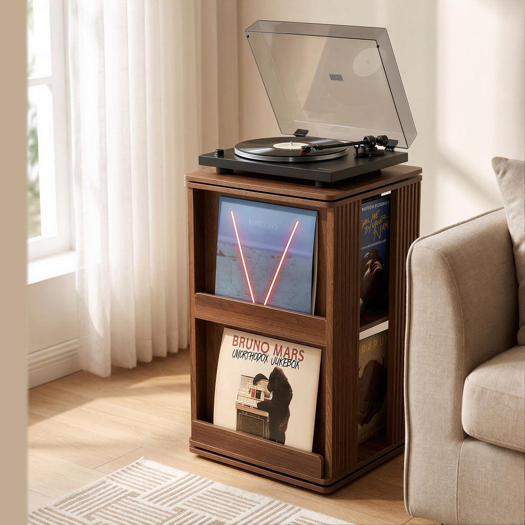 Swivel Record Player Stand with Storage Cabinet & Cover Holder