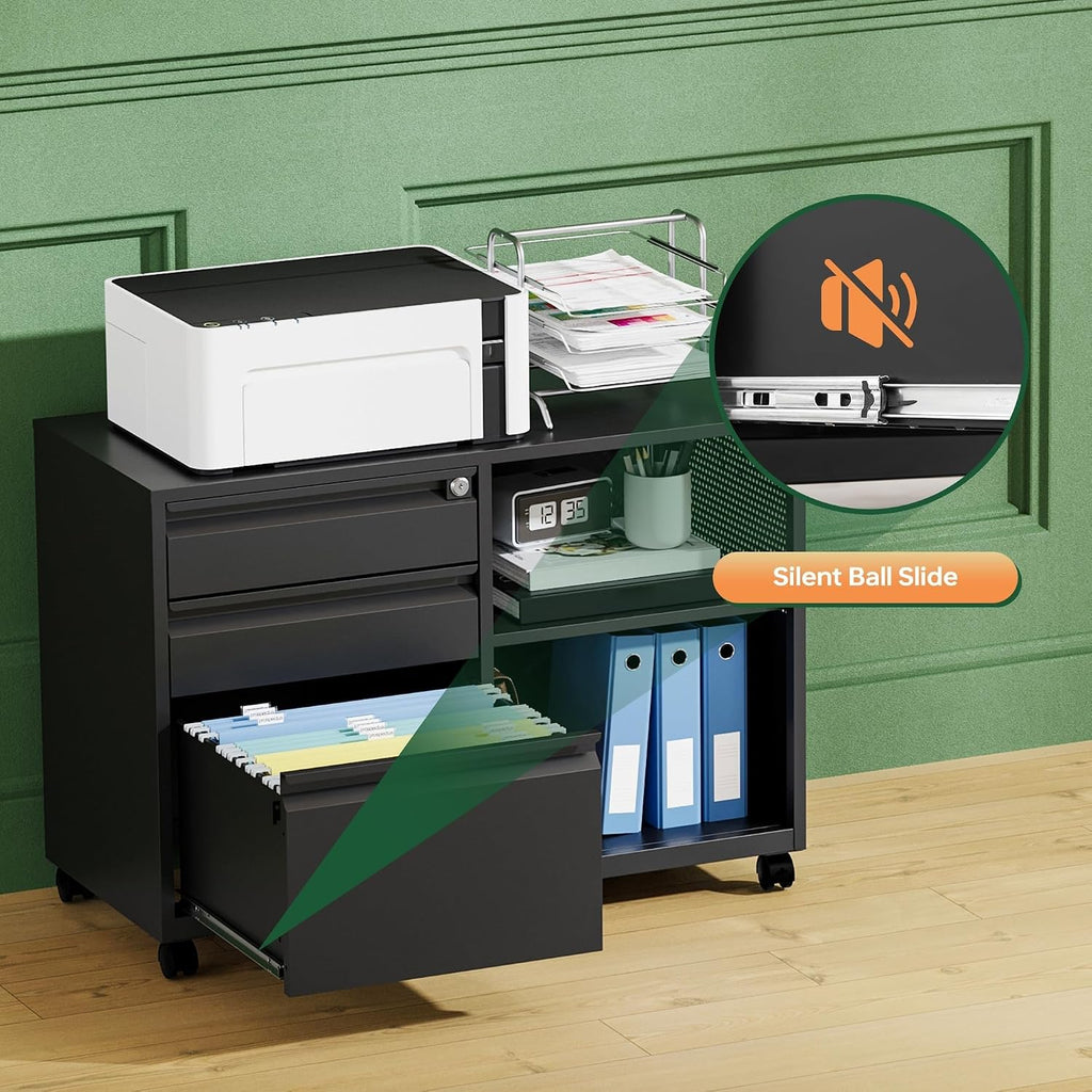 Mobile 3 Drawer File Cabinet with Lock-Metal Lateral Rolling Printer Stand Filing Cabinets -Storage A4/F4/Letter