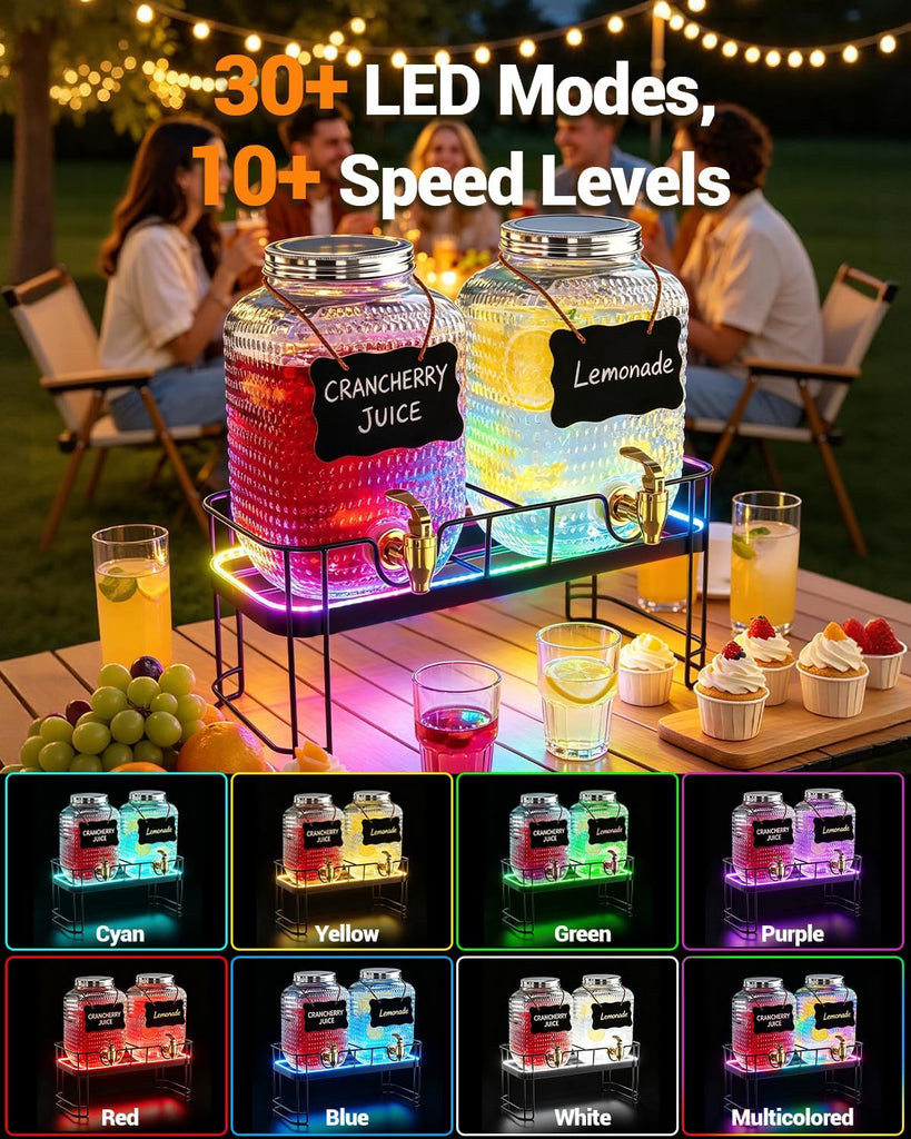 Drink Dispensers for Parties, 2 Pack 1 Gallon Glass Jars with LED Stand - Set of 2