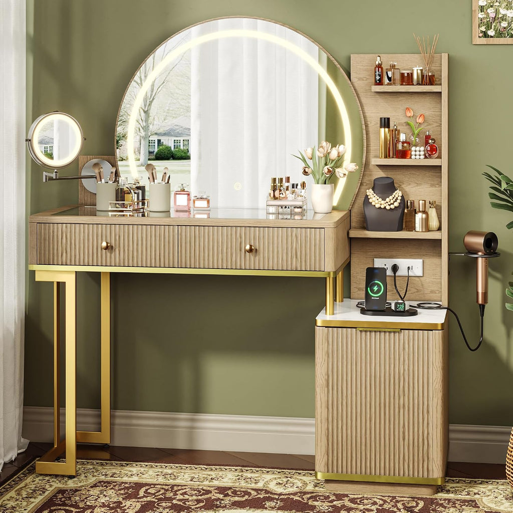 Vanity Desk w/5x Magnifying Mirror, Fluted Makeup Vanity w/Mirror and Lights, Glass Top Vanity, Dressing Table