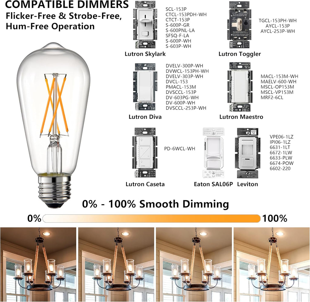 ST58 E26 LED Bulb 60 Watt Equivalent 2700K Dimmable, 4 Pack