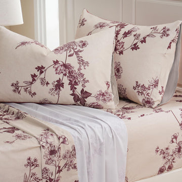 Sheets 100% Percale Cotton Red Floral Bed Sheet Set, Brushed Extra Softness, Breathable Luxury Toile