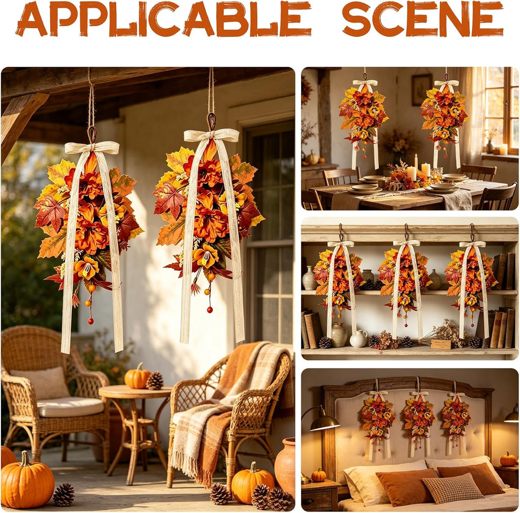 Fall Lantern Teardrop Swag with Bow 16" Mini Autumn Floral Swag with Peony Wheat Maple Leaves Thanksgiving - Set of 6