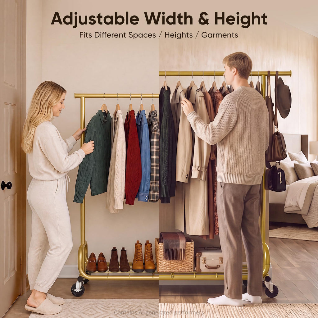 Clothes Rack 450LBS Adjustable Garment Rack with Wheels, Gold