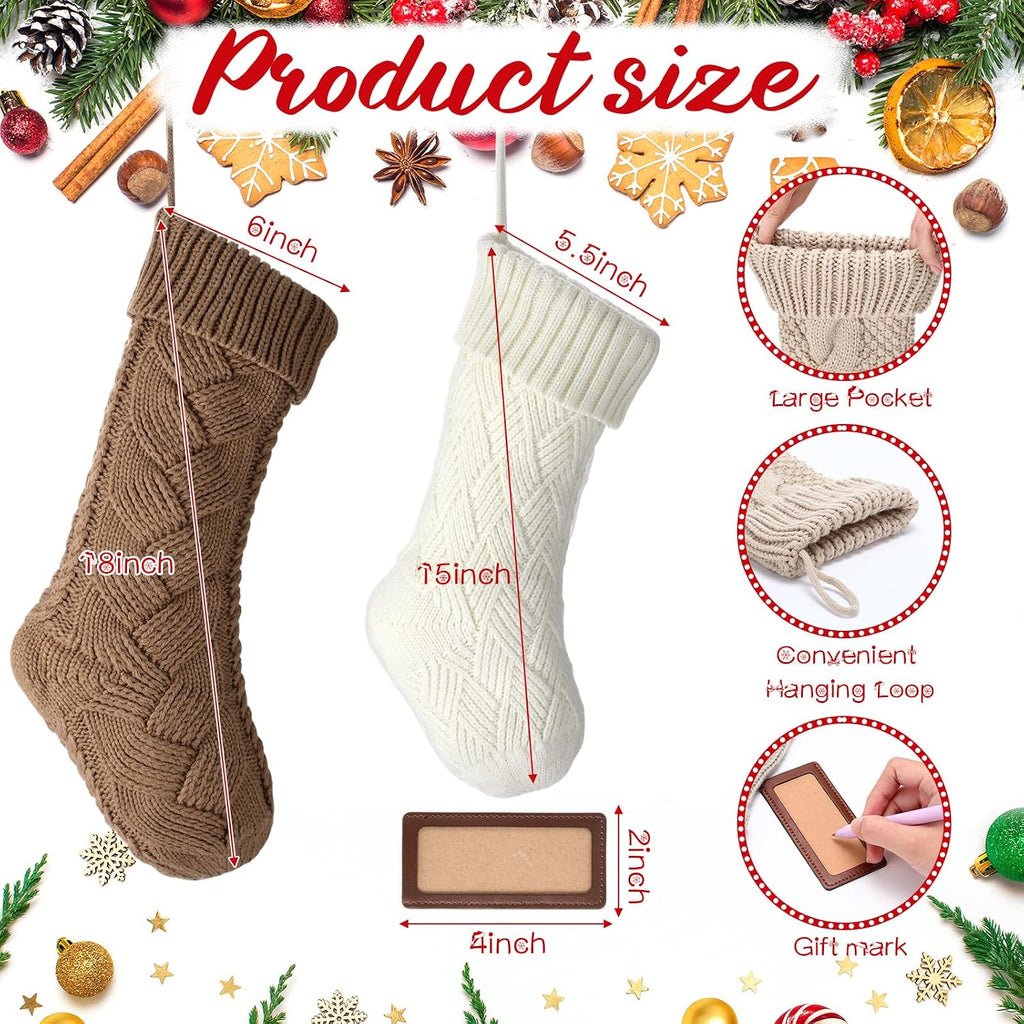 Neutral Christmas Stockings Bulk 18 inch Dark Brown Farmhouse Rustic Boho Xmas Cable Knit Fireplace Stockings - Set of 8