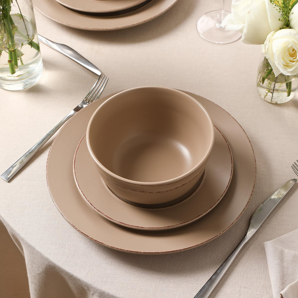 Hazel 24-Piece Stoneware Dinnerware Set, Plates and Bowls Set, Dishwasher and Microwave Safe, Dish Set for 8, Sand