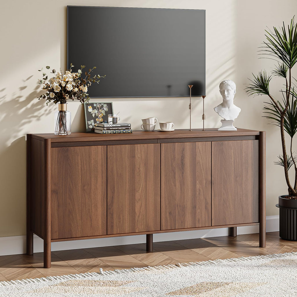 59 Inch Walnut Buffet Cabinet, Mid Century Wood Sideboard Storage