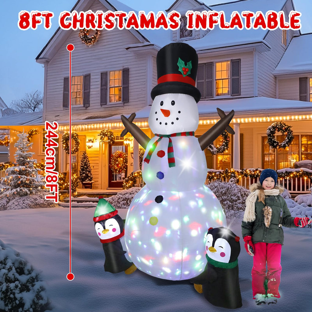 8FT Christmas Inflatable Snowman Outdoor Decorations, Christmas Blow up Snowman with Two Penguins Decoration