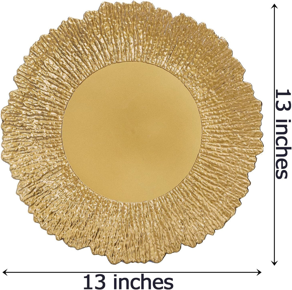 Gold Charger Plates, 13" Plastic Reef Serving Chargers for Dinner Plate Reusable Round Shiny Decorative - Set of 12