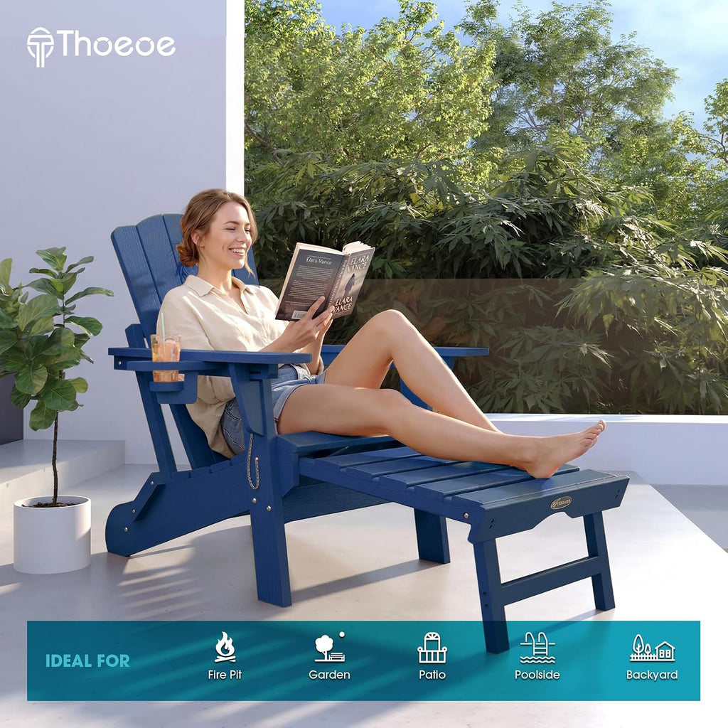 Folding Adirondack Chairs Set of 2, Outdoor Patio Fire Pit Chairs | Adjustable HDPE Chairs with Footrest, Retractable