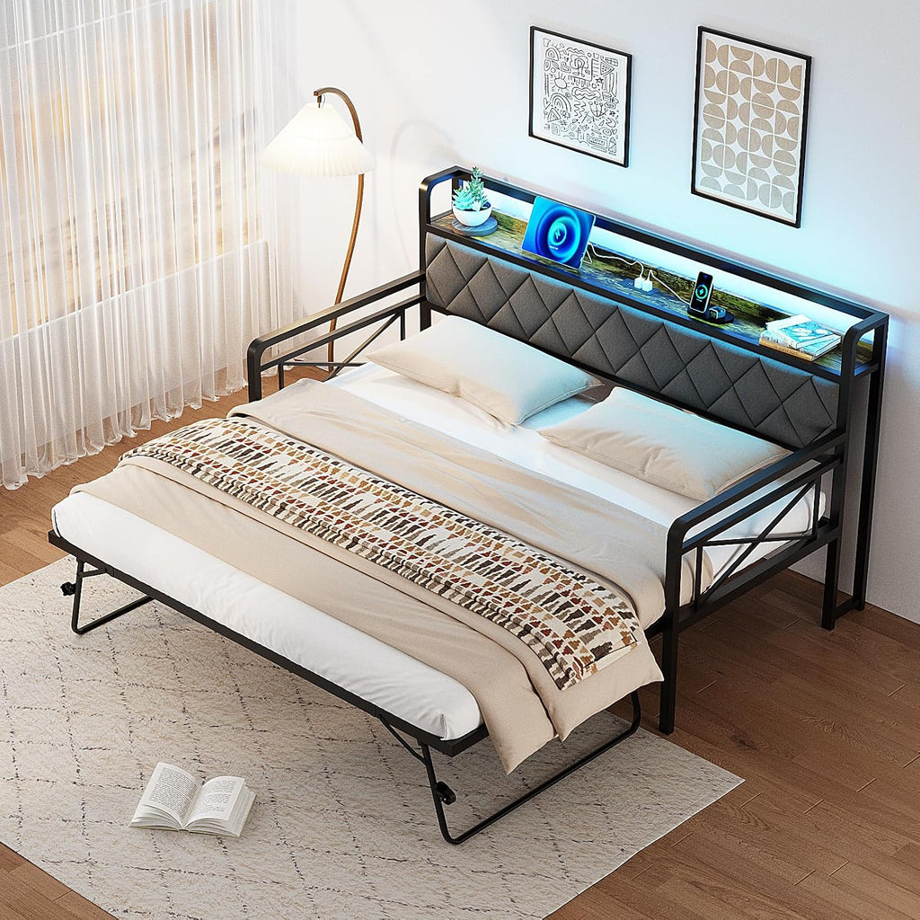 Full Daybed with Trundle Bed, Upholstered Day Bed with LED Light & Charing Station, Sofa Bed Frame with Storage