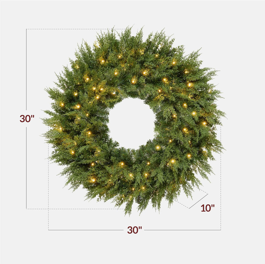 Pre-Lit Cedar Cypress Christmas Wreath w/Twinkling LEDs, 30in Realistic Large Indoor/Outdoor Holiday Decor for Door