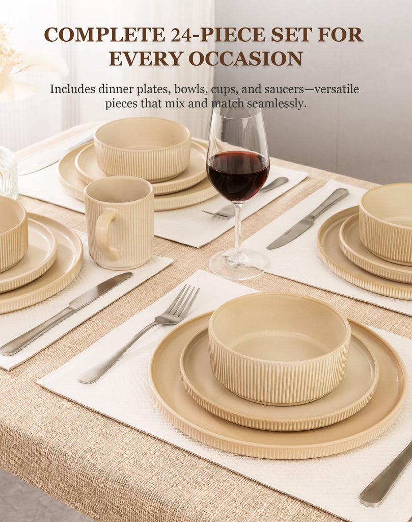 24-Piece Dinnerware Set for 6 with Mugs, Ribbed Stoneware Plates and Bowls Sets, Unique Handcrafted Reactive Glaze