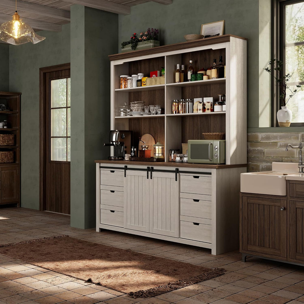 78.8" H Farmhouse Kitchen Hutch Cabinet with 3-Tier Open Shelves, Storage Pantry Cabinet with Wide Countertop, 6