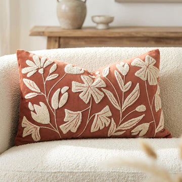 Fall Lumbar Pillow Cover 12x20 Inch, Rust Terracotta Floral Tufted Velvet Decorative Accent Pillow Case for Sofa Bed