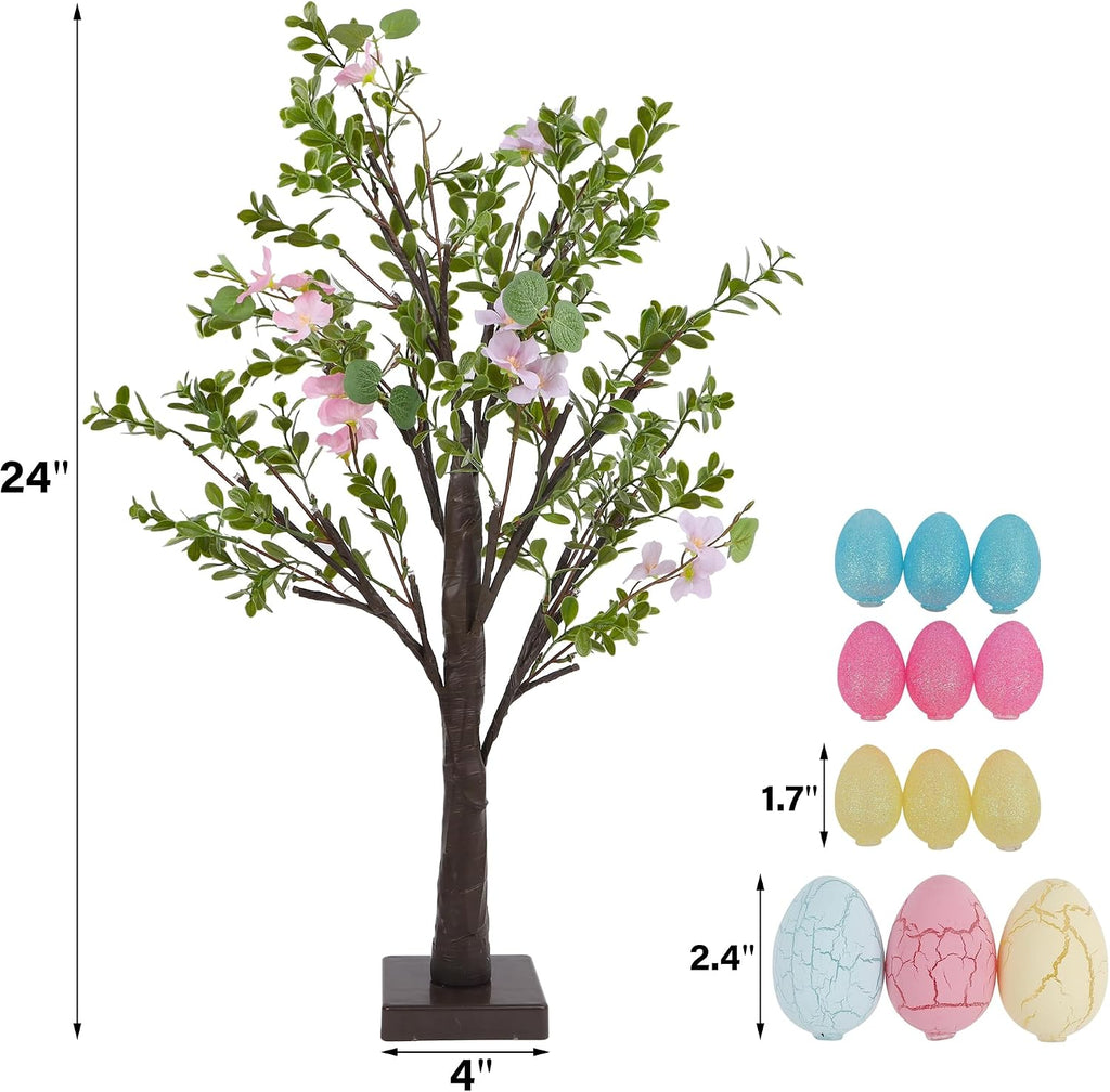 Easter Decor Lighted 24 Inch Artificial Tree with Easter Eggs & Colorful LED Lights, Light Up Tabletop - Set of 2