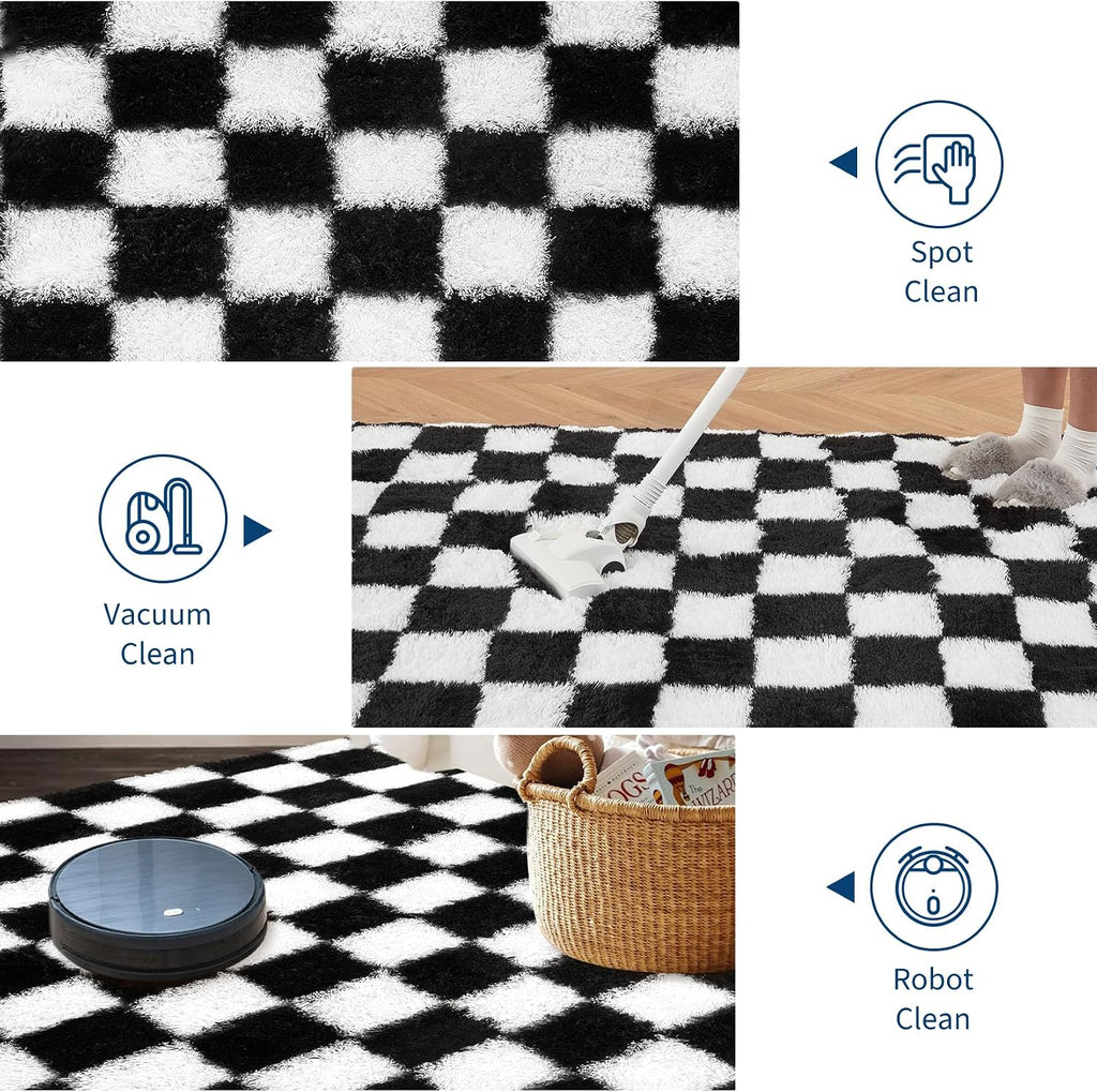 Checkered Area Rug 9x12 Large Rug Thick Super Soft Shaggy Rugs Fluffy Carpet Fluffy Fuzzy Shag Washable Rugs Nursery