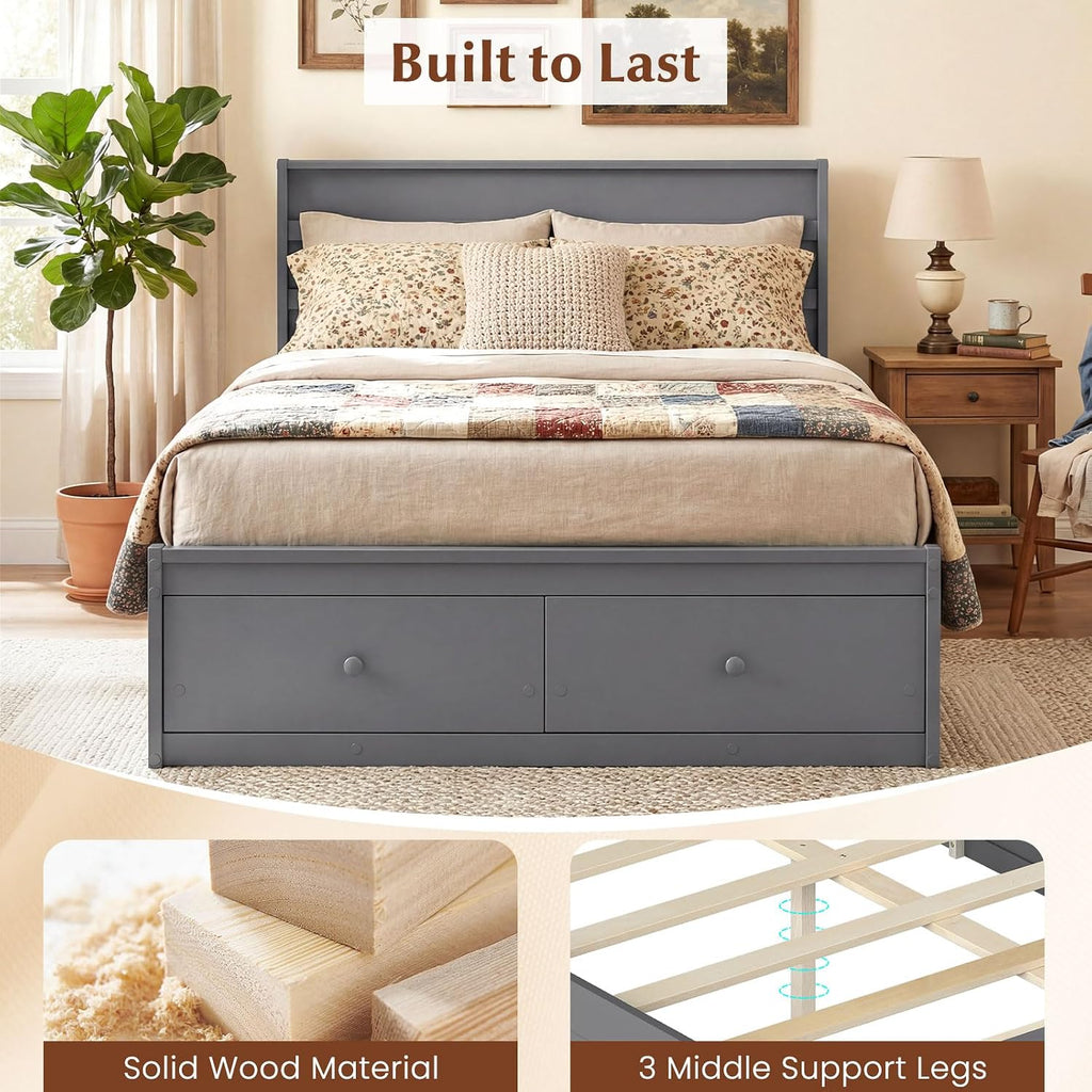 Full Size Wood Platform Bed Frame with 2 Storage Drawers and Headboard, Enclosed Base, Grey