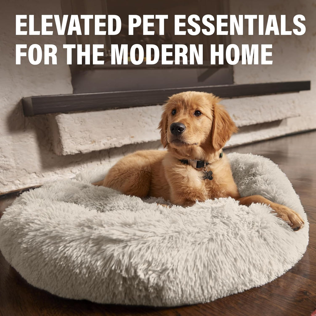 Premium Large Donut Dog Bed, Fits Up to 100 lbs, Machine Washable Cushion, Plush Long Pile Faux Fur Fabric, Portable