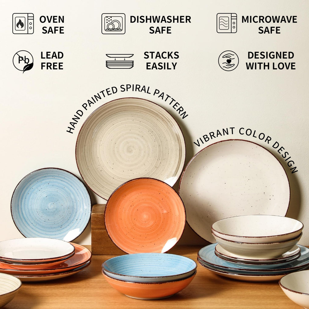 Stoneware Dinnerware Sets, 18 Piece Glossy Plates and Bowls Sets, Scratch Resistant Dishes, Microwave & Dishwasher