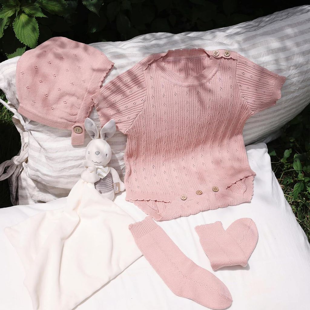 Cotton Baby Set with Knitted Short Sleeve Sweater, Hat, Socks