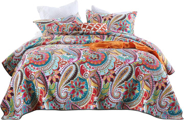 Cotton Quilt Set, Queen, Multicolor Paisley, Boho Style, Soft Lightweight Coverlet with 2 Pillow Shams, 90x98 Inches