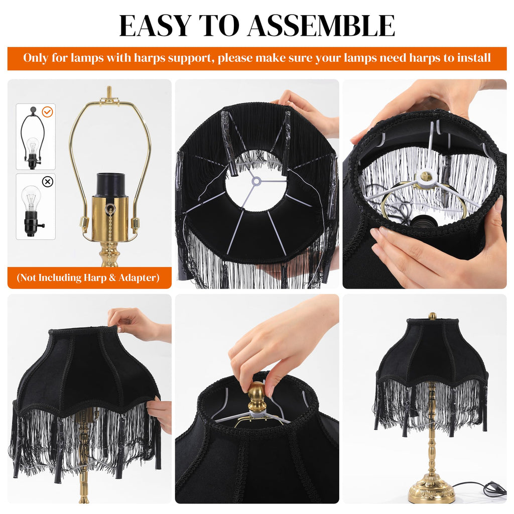 Victorian Lamp Shade, Velvet Vintage Lampshade with Tassel and Fringe, 6.4"x13"x12.3" Bell Shape Scallop Lampshades