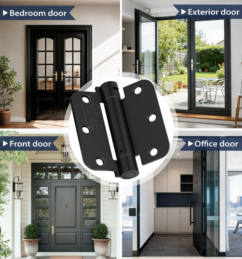4-Pack 3.5 Inch Self Closing Door Hinges, 5/8" Radius Corners, Black