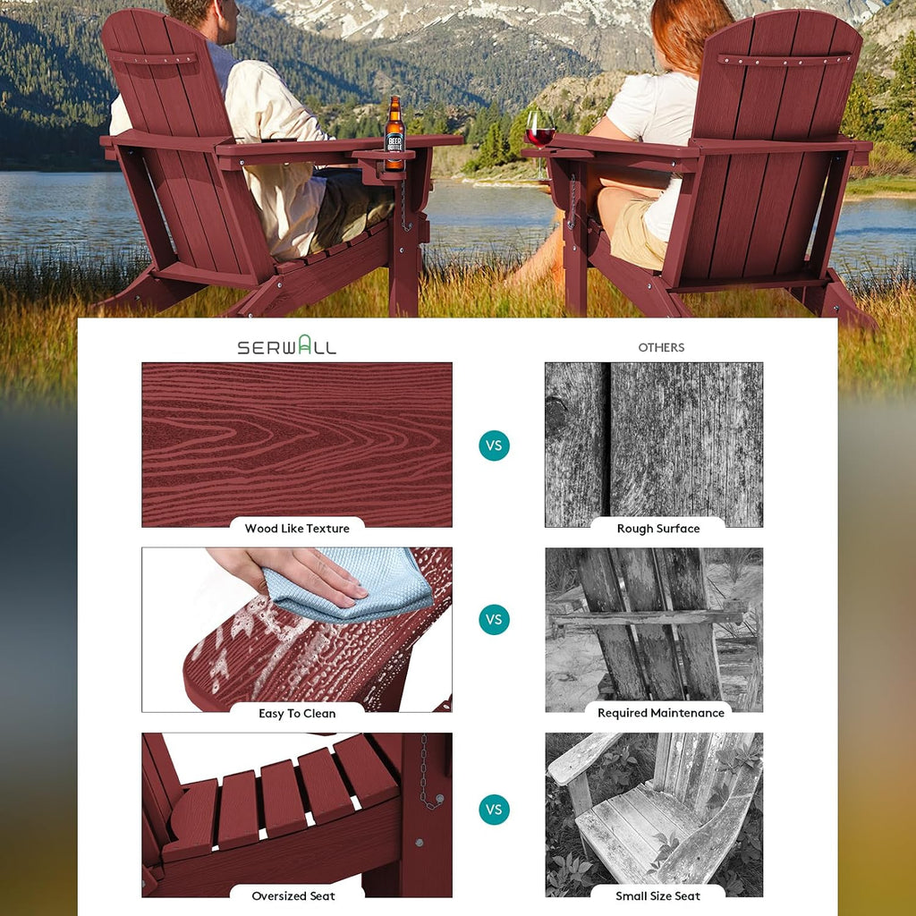 Outdoor Adirondack Chair Set of 2 with 2 Cup Holders,Foldable,Red | HDPE Composite,Waterproof,Wood Grain,Cup & Phone