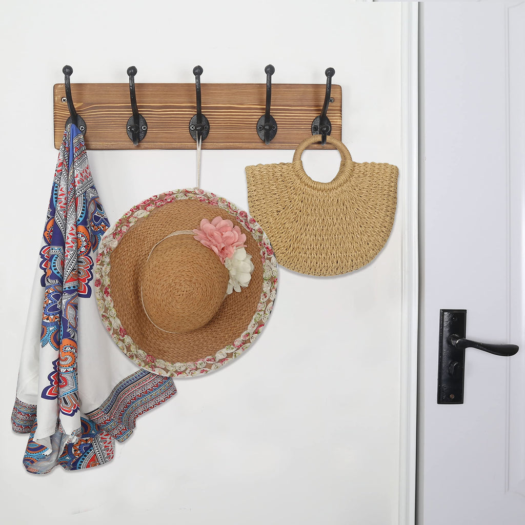 Rustic Coat Rack Wall Mount, 5 Cast Iron Coat Hooks Wall Mounted, Heavy Duty Wall Coat Hanger Hooks for Hanging